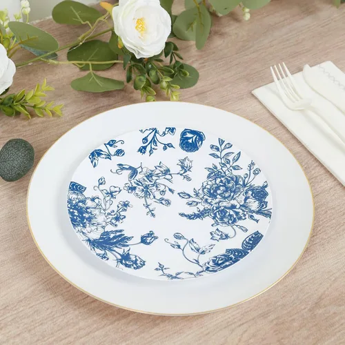 Vista 8 de Efavormart - Paquete de 10 platos de postre de plástico francés – Azul y Blanco Floral, platos de ensalada desechables redondos de 7 pulgadas