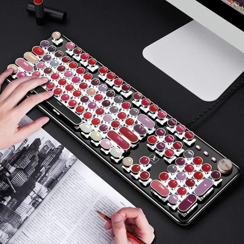 Vista 2 de Corn K520 Teclado mecánico para juegos de lápiz labial Panel de metal redondo retro retroiluminado 104 teclas USB con cable interruptor azul