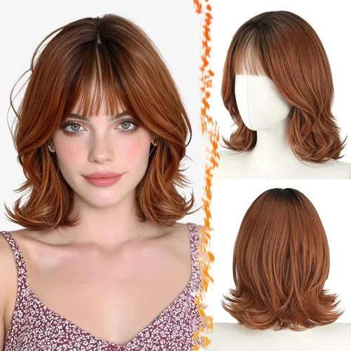 Vista 19 de BARSDAR Synthetic Short Layered Brown Highlights Bob Wig with Wispy Bangs