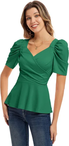 Vista 4 de GRACE KARIN Blusas de verano para mujer, elegante blusa con cuello en V y manga corta abombada