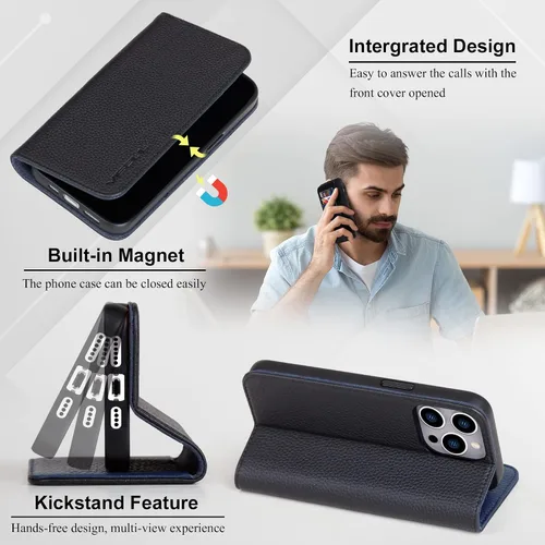 Vista 4 de VISOUL Pebbled - Funda de piel auténtica para iPhone 15 Pro Max con tarjetero y función atril magnético para iPhone 15 Pro Max (6.7 pulgadas)