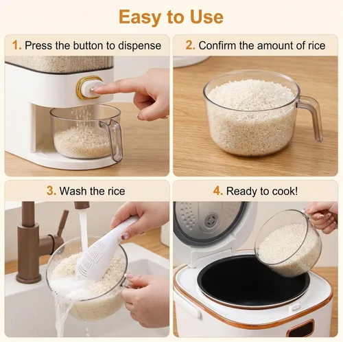 Vista 4 de Cididu Dispensador de soporte de arroz transparente, contenedor de almacenamiento de grano grande de 22 libras con taza medidora, cubo dispensador