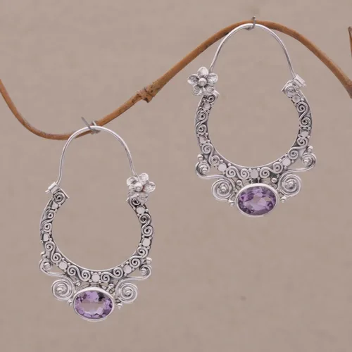 Vista 3 de NOVICA Aretes de aro hechos a mano de plata de ley 925 con diseño floral de Bali morado Indonesia piedra natal 1.7 pulgadas de alto x 0.2 pulgadas
