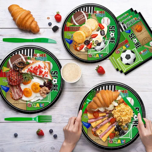 Vista 7 de Xigejob Artículos para fiestas de cumpleaños con temática deportiva, platos, vasos, servilletas, mantel, cubiertos, pajitas, fútbol, baloncesto