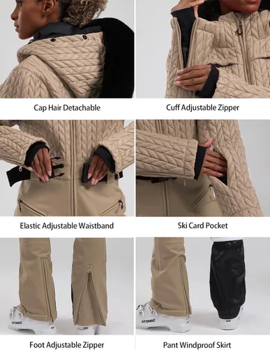 Vista 76 de GSOU SNOW Traje de esquí para mujer, traje de nieve delgado de una pieza, chaqueta de nieve, impermeable, resistente al viento, deportes al aire