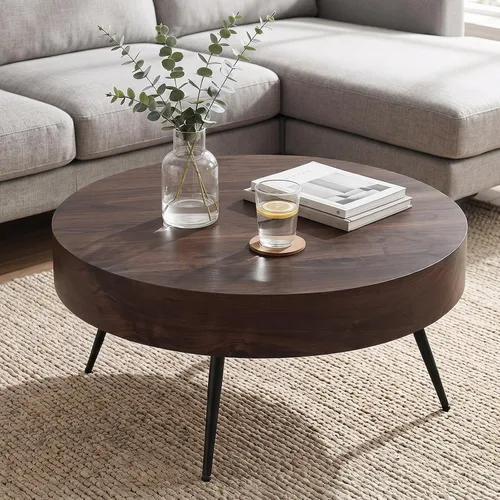 Vista 12 de LKTART Mesa de centro para sala de estar, mesas de centro redondas de madera con almacenamiento, mesa de té moderna de centro de metal para Marrón