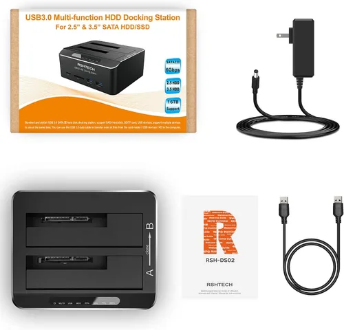 Vista 9 de Estación de acoplamiento para disco duro RSHTECH USB 3.0 Aluminio Dual Bay Hard Drive Dock para 2.5" y 3.5" SATA HDD SSD con lector de tarjetas