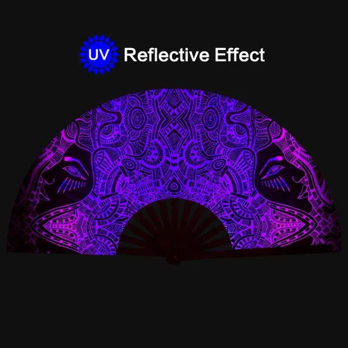 Vista 2 de Ventilador de mano plegable de bambú para hombres y mujeres, ventilador de mano para EDM, festival de música, club, extraño, evento, fiesta, baile