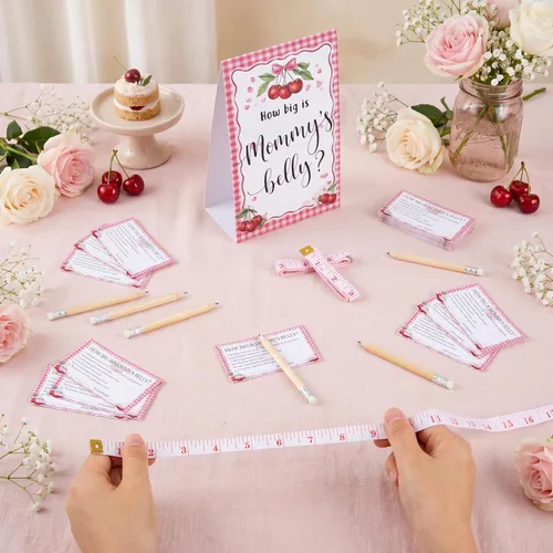 Vista 85 de Sabary 64 Piezas Juegos de Baby Shower Incluyen Letrero How Big is Mommy's Belly Sign Measure Bump Game 50 Tarjetas 10 Lápices 3 Cintas Métricas