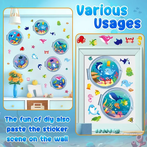 Vista 6 de WATINC - Calcomanía de escena de animales marinos para manualidades, haz tu propio mundo de animales del océano bajo el mar, calcomanías