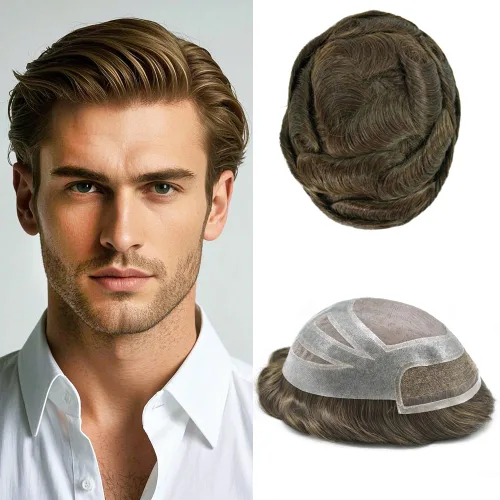 Vista 37 de Toupee - Piezas de pelo para hombres, cabello humano real, sistema de reemplazo de cabello francés, encaje francés, extensiones de cabello
