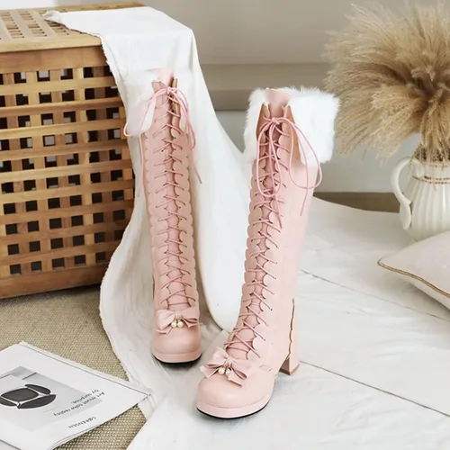 Vista 3 de Botas altas hasta la rodilla con plataforma para mujer, con lazo de invierno, con cremallera, botines largos Kawaii