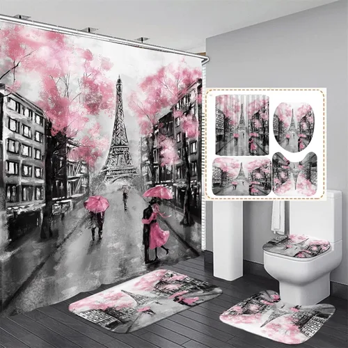 Vista 13 de Chrainy Juego de 4 cortinas de ducha de la torre Eiffel de París, botella de perfume, flores, negro, decoración de baño con 12 ganchos Waterproof