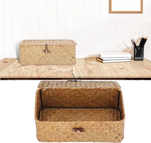 Vista 6 de Cesta de almacenamiento de hierba marina natural, cesta rectangular tejida de ratán natural con tapas, organizador de escritorio, cesta decorativa
