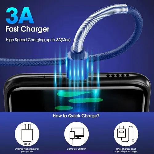 Vista 3 de Paquete de 3 unidades de 6 pies [1.82 m] Cable de carga compatible con Samsung Galaxy S9, S10, S8 Plus (3 A, carga rápida), cable TPE USB C, USB A