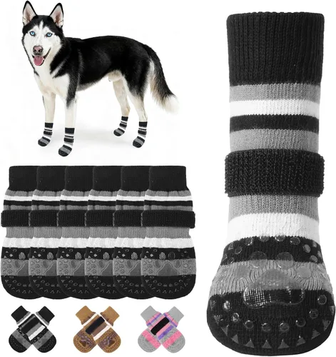 Vista 22 de KOOLTAIL Calcetines antideslizantes para perros para pavimento caliente, 3 pares de botas de perro y protectores de patas para evitar lamer