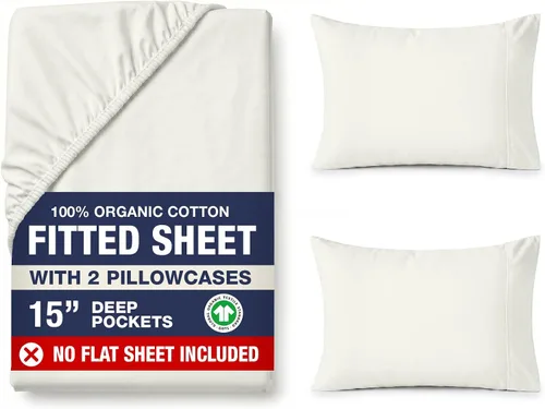 Vista 57 de LANE LINEN - Sábana bajera tamaño individual 100% algodón orgánico y 1 funda de almohada, tejido de percal suave, transpirable, apta para colchones