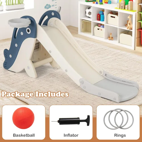 Vista 6 de BABY JOY Tobogán plegable para niños pequeños, juego independiente de escalador para bebés con aro de baloncesto, juego de tobogán para niños