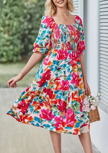 Vista 6 de PRETTYGARDEN - Vestidos informales de verano y primavera para mujer, manga abombada, cuello cuadrado, acampanados, bohemios, florales, fruncidos