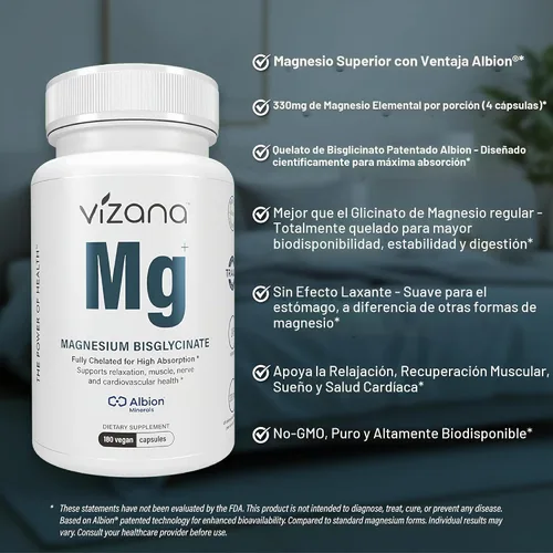 Vista 4 de Bisglicinato de Magnesio VIZANA - Quelato Albion® TRAACS® 100% puro - 330 mg de magnesio elemental - 180 cápsulas veganas