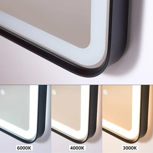 Vista 9 de WELLFOR Espejo LED enmarcado de 48 pulgadas de ancho x 36 pulgadas de largo, espejo rectangular de esquina redondeada de metal con luces para baño