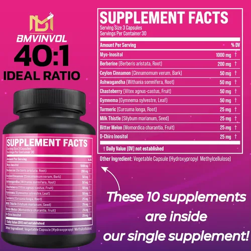 Vista 2 de BMVINVOL Paquete de 2 suplementos de inositol - Myo-Inositol y D-Chiro Inositol Ideal 40:1 Ratio - Más Berberina, Canela, Ashwagandha+5