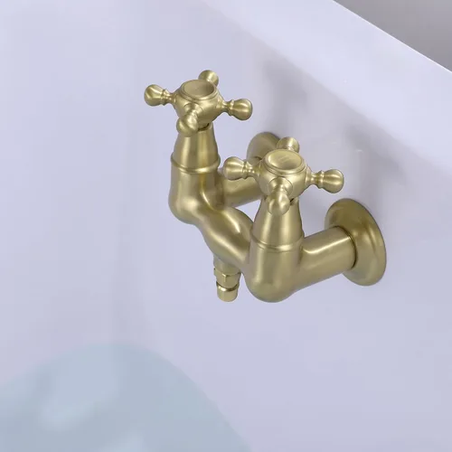 Vista 5 de SUMERAIN 3-3/8 "bañera de montaje en pared Clawfoot bañera grifo dos manijas cruzadas oro cepillado