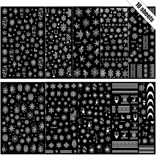 Vista 7 de 10 hojas de calcomanías de uñas de Navidad 3D con copo de nieve - Diseño de purpurina autoadhesiva blanca, decoraciones de invierno para Navidad