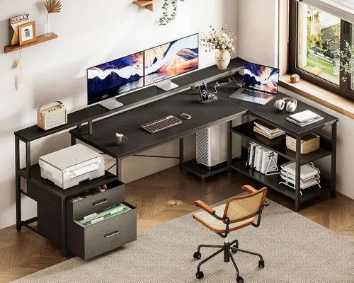 Vista 2 de ODK Escritorio en Forma de L con Cajón de Archivos, Escritorio de Computadora Reversible en Forma de L de 75", con Toma de Corriente y Tira LED