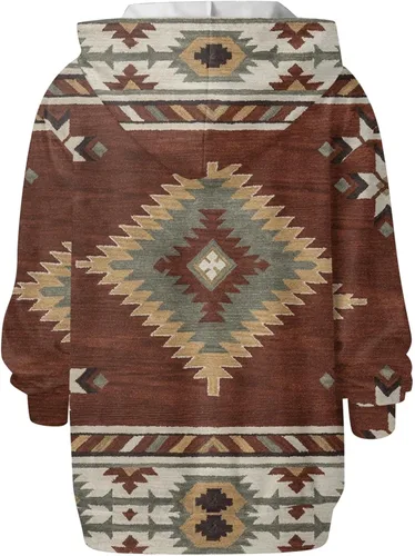 Vista 5 de Sudaderas con capucha estilo étnico azteca occidental para mujer, estilo casual, folk, manga larga, con bolsillo