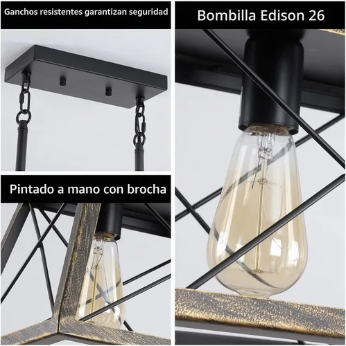 Vista 4 de Candelabros de granja para comedor, lámpara rústica para isla de cocina, lámpara colgante lineal de 5 luces, lámpara rectangular, luces de techo
