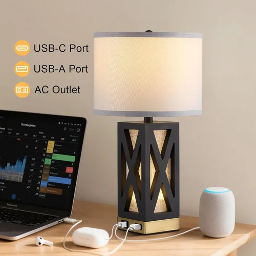 Vista 4 de Lámpara de mesa de madera con 3 temperaturas de color, lámpara de mesa de noche con salida de CA, puerto de carga USB A y C, lámpara de noche