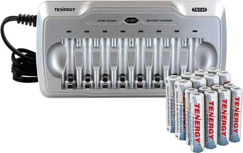 Vista 10 de Tenergy TN145 - Cargador de 8 bahías y paquete de 4 pilas AA recargables y paquete de 4 baterías AAA recargables, carga independiente, certificado
