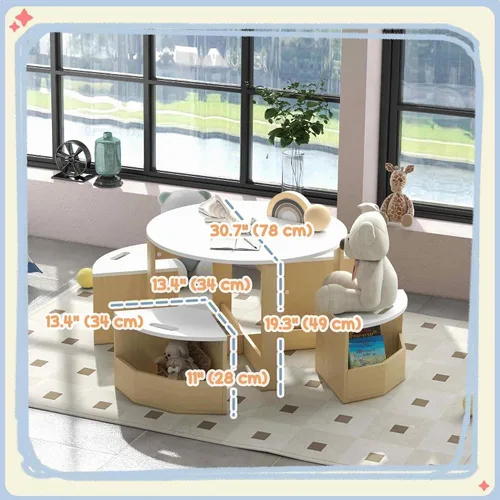 Vista 7 de Qaba Juego de mesa y sillas para niños pequeños, 5 piezas, mesa redonda de Almacenamiento, Juego, Arte, Manualidades, Dibujo, Sala de juegos, Aula