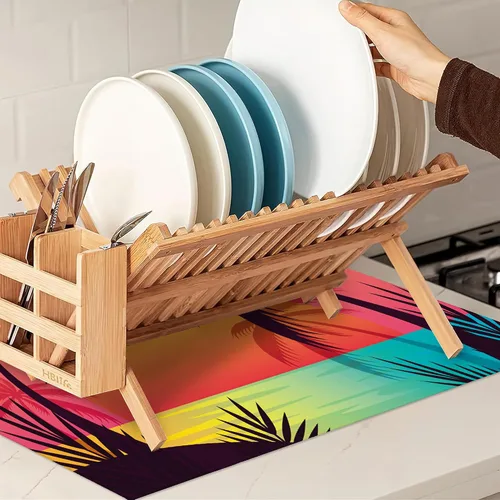 Vista 7 de Tapete de secado de platos para encimera de cocina, almohadilla de secado de platos de palmeras tropicales, protector de microfibra reversible
