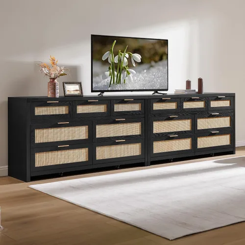 Vista 8 de SICOTAS Cómoda de 7 cajones para dormitorio, cómodas de ratán de 57" de ancho, cómoda grande con cajones para dormitorio, cómoda soporte de TV