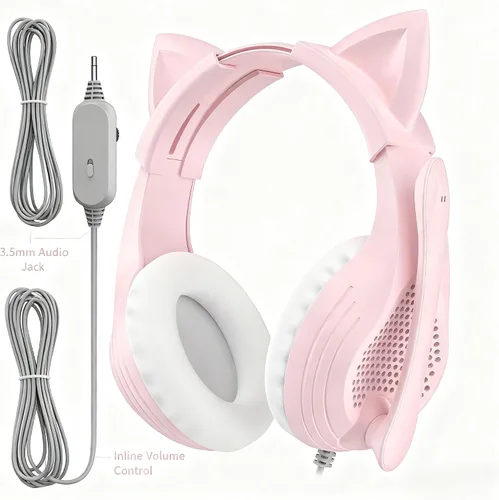 Vista 9 de GIME Pink Gaming Headset - Cute Cat Ears Wired Over Ear Headphones with Mic - Compatible with Xbox/PS4/ PS5/ PC Computer/Laptop/Phone