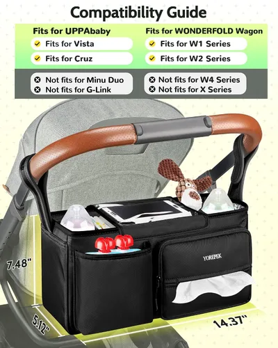 Vista 2 de YOREPEK - Carrito grande para cochecito de bebé, accesorios para UPPAbaby Vista/Cruz 2 Insulated Cup Holders, Wipes Pocket, Clear Phone Slot