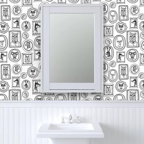 Vista 9 de Spoonflower Papel tapiz para despegar y pegar, marco de retrato de animales caprichoso, bosque, negro, blanco, cuarto de niños, papel tapiz