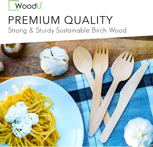 Vista 2 de WoodU - Cubertería de madera desechable 100% natural, ecológica, biodegradable y compostable, paquete de 100 cubiertos de madera de 6.5 pulgadas