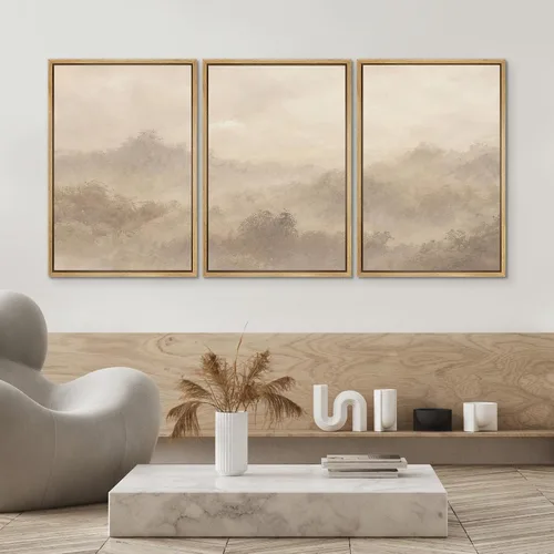 Vista 583 de SIGNWIN Lienzo enmarcado para pared, juego de arte pastel con cadena montañosa, bosque, niebla, naturaleza silvestre, ilustraciones modernas, arte