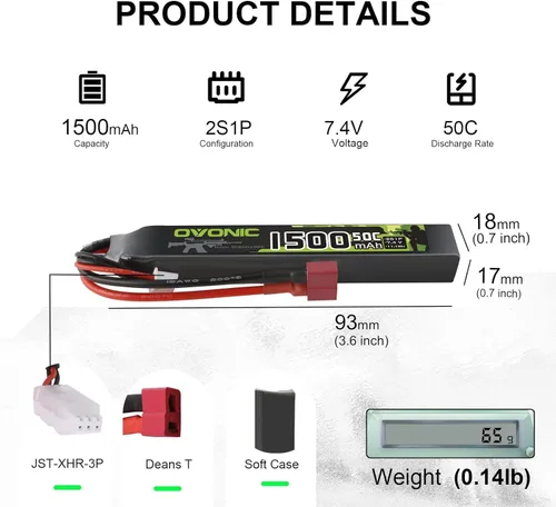 Vista 2 de OVONIC Lipo Batería 7.4v 1500mAh 2S 50C Lipo Batería con T Plug (2 unidades)