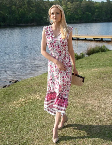 Vista 8 de PRETTYGARDEN Vestido largo de verano para mujer, casual, floral, cuello en V, mangas casquillo, bohemio, alto y bajo, vestido largo de sol