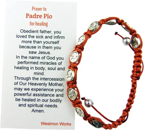 Vista 3 de San Padre Pío Medalla Devocional Ajustable Pulsera con Tarjeta de Oración Sagrada Regalo Set