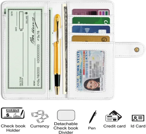 Vista 4 de LOLOMLO Cubierta de cuero de la PU para registrar cheques duplicados, soporte de chequera de bloqueo RFID, Blanco, Estilo Billetera