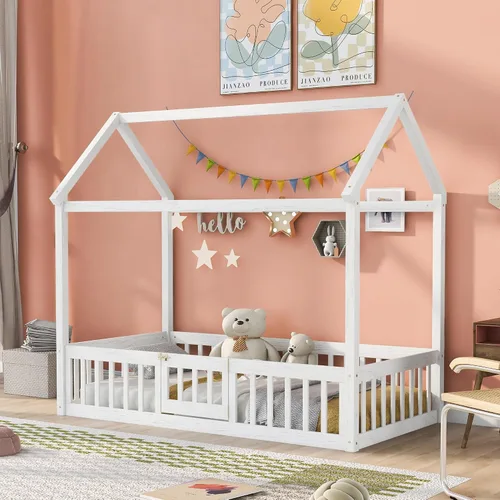 Vista 12 de RUNNA Marco de cama de madera de tamaño matrimonial con valla, para niños, adolescentes, niñas, niños, (Natural-Thinck 4col)
