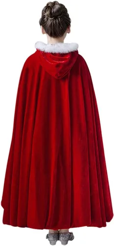 Vista 2 de Capa peluda con capucha para niñas, capa cálida para Navidad, Halloween, princesa, capa larga de vellón para fiesta, disfraz de cosplay, color rojo