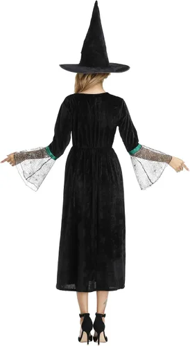 Vista 6 de Grebrafan - Disfraz de bruja para mujer Vestido largo clásico de hechicera 6366 Verde