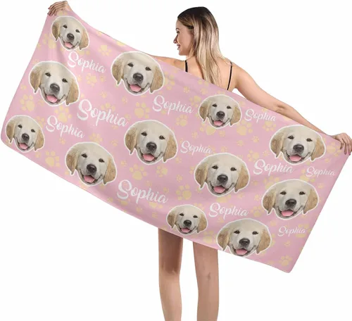 Vista 9 de MyPupSocks Toallas de playa personalizadas para niños y adultos, toalla de piscina con nombre y cara de perro, regalos personalizados con nombre