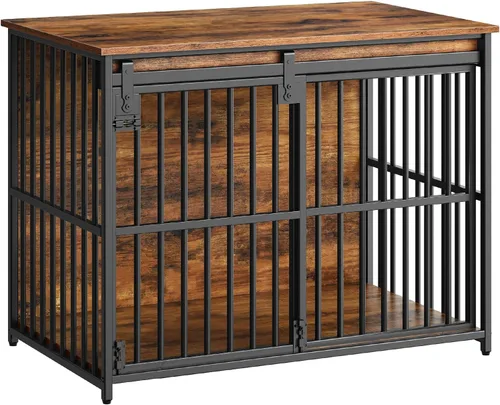 Vista 9 de HOOBRO Mueble de jaula para perros, perrera resistente de 36.6" con puerta de granero deslizante, jaula de madera para perros para interiores, mesa